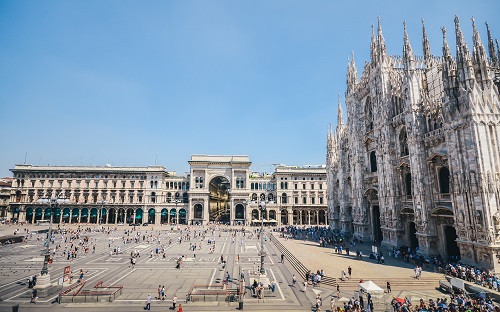 Milan, Italy - July 13th, 2017: Piazza Duomo in Milan, Italy - wide angle