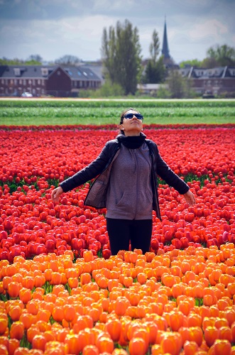 Woman tulip fields