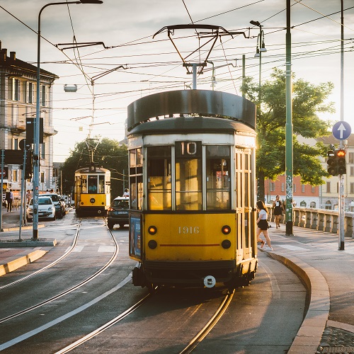 View of old yellow tram in Milan, italy