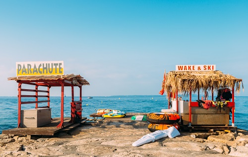 Two huts advertising extreme water sports in Juan les Pins, Cote d'Azur, France