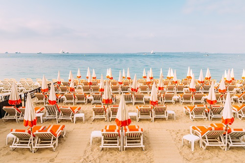 Rows of empty beach lounges in Juan les Pins, France