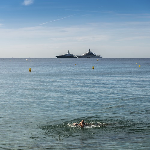 Lone swimmer with luxury yachts in the background