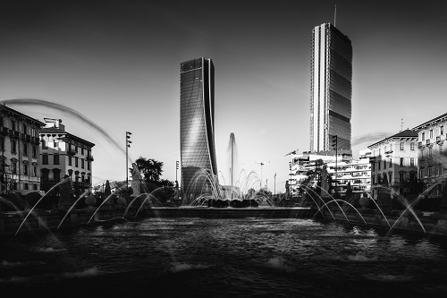 CityLife modern district of Milan, Lombardy, Italy in monochrome fine art style