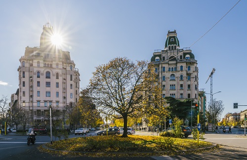 Art noveau buildings in Milan's Wagner district during Autumn