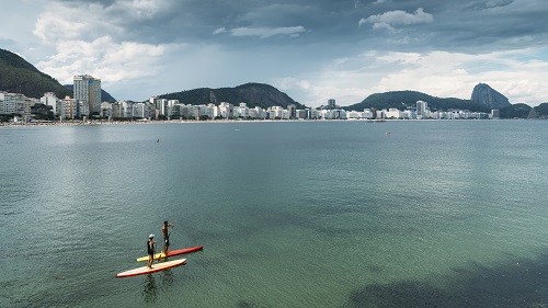 Pure wanderlust as two men on a Stand Up Paddle on Copacabana Be