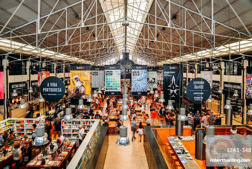 Time Out Market is a popular food hall located in Mercado da Ribeira at Cais do Sodre in Lisbon, Portugal