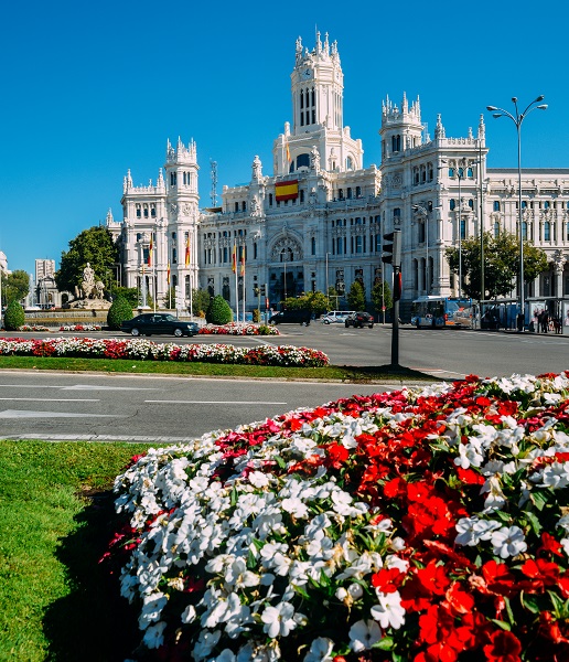 Madrid City Hall at Plaza de Cibeles, in Madrid, Spain. Architectural examples of gothic style with neoclassical elements