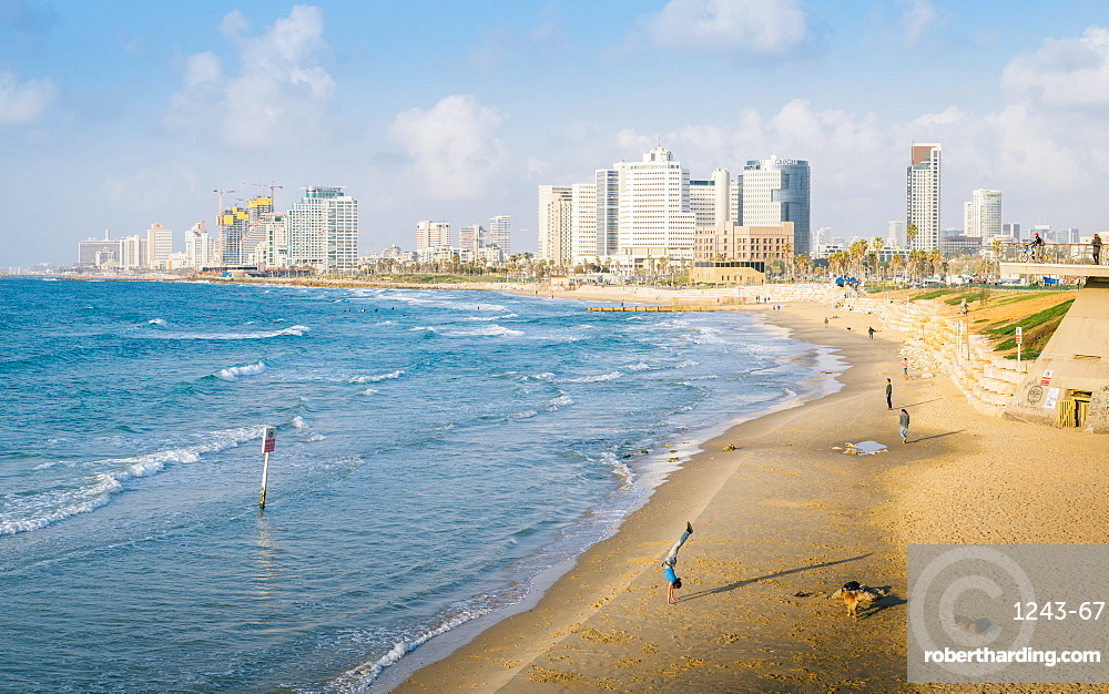 View of Neve Tzedek district skyline and Mediterranean at evening, Tel Aviv, Israel