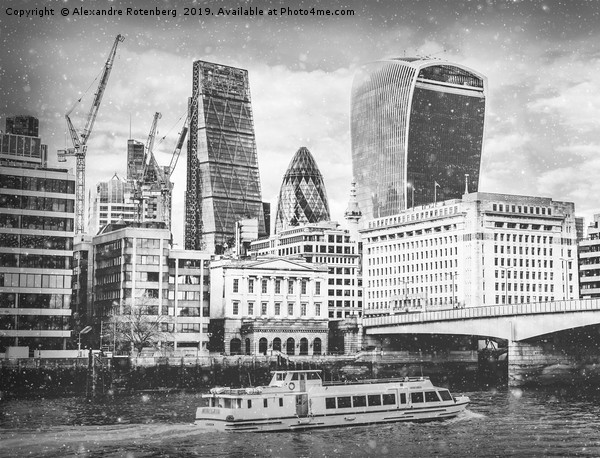 London City EC1 and Thames River view with snow falling in monochrome